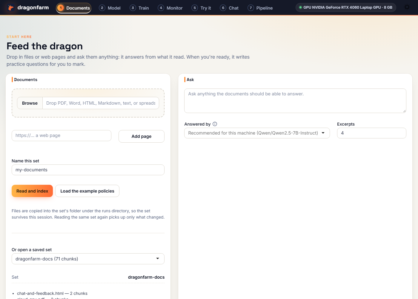 Step 1, Documents: a set of PDFs and pages read into chunks
