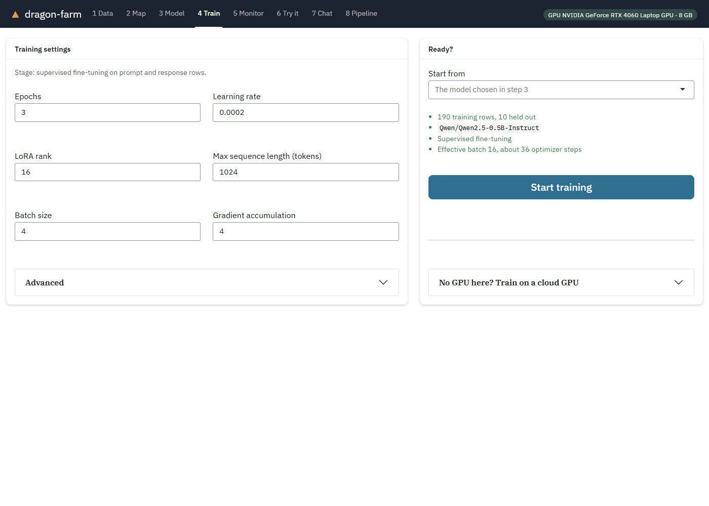 Step 4, Train: training settings and the Start training button