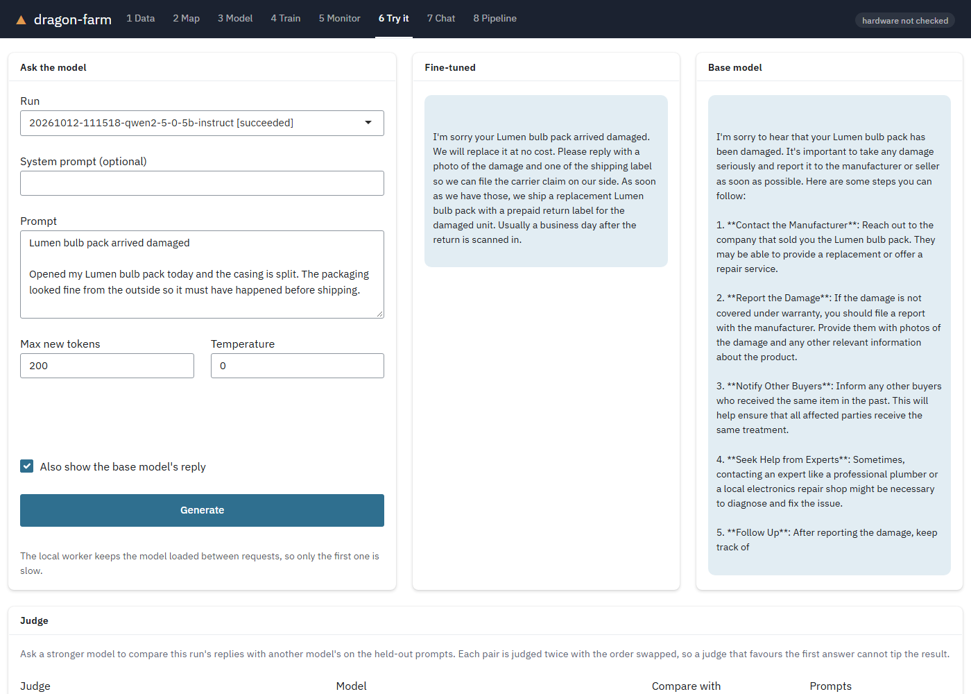 Step 6, Try it: the fine-tuned and base model replies side by side
