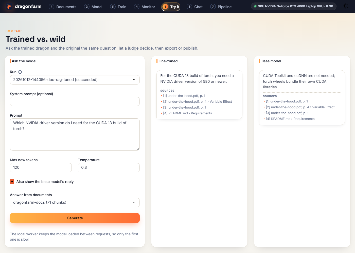 Step 6, Try it: the fine-tuned and base model replies side by side, each with sources