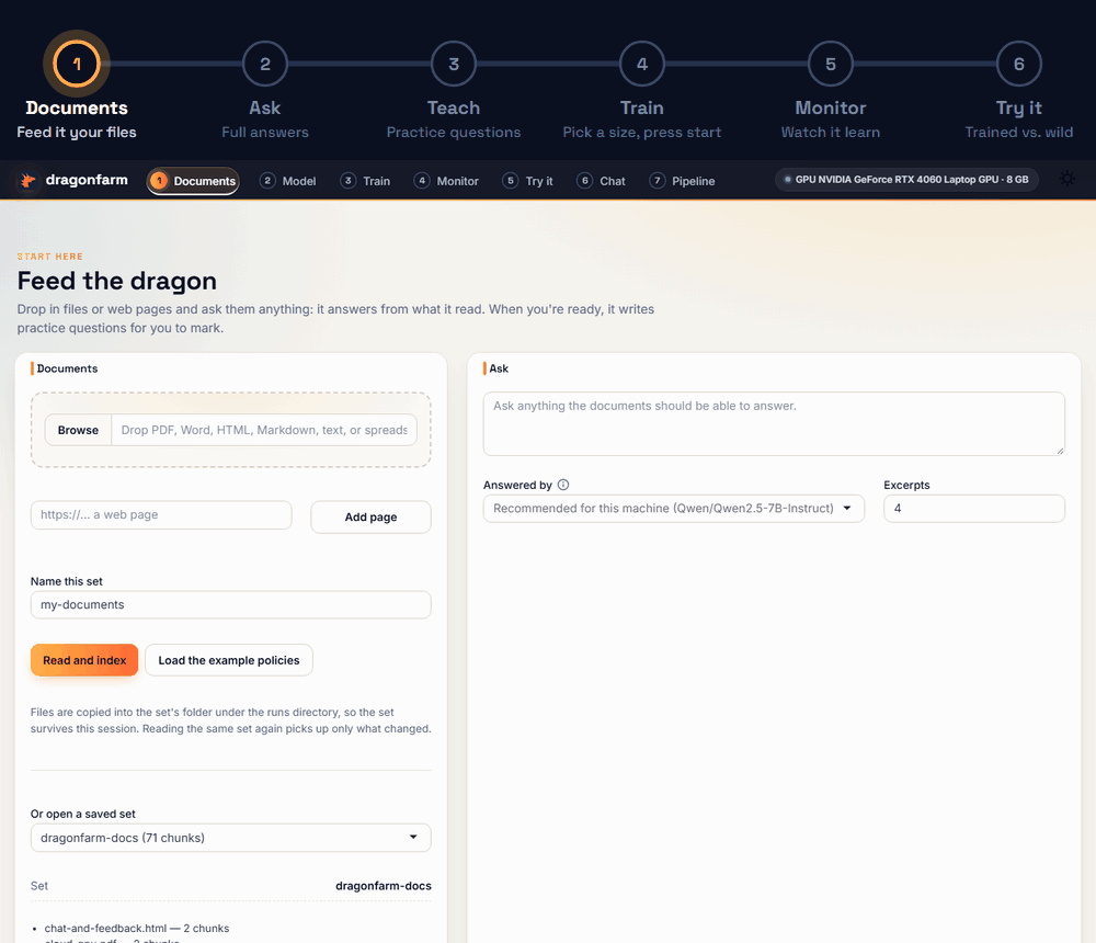 The app, step by step: drop in documents, ask them questions, review the practice questions, train, watch it learn, compare against the original model.